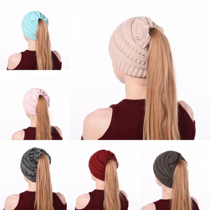 

Autumn and winter 2020 warm knitted horsetail hat headgear Hat Women's outdoor running fitness fashion hollow top knitted