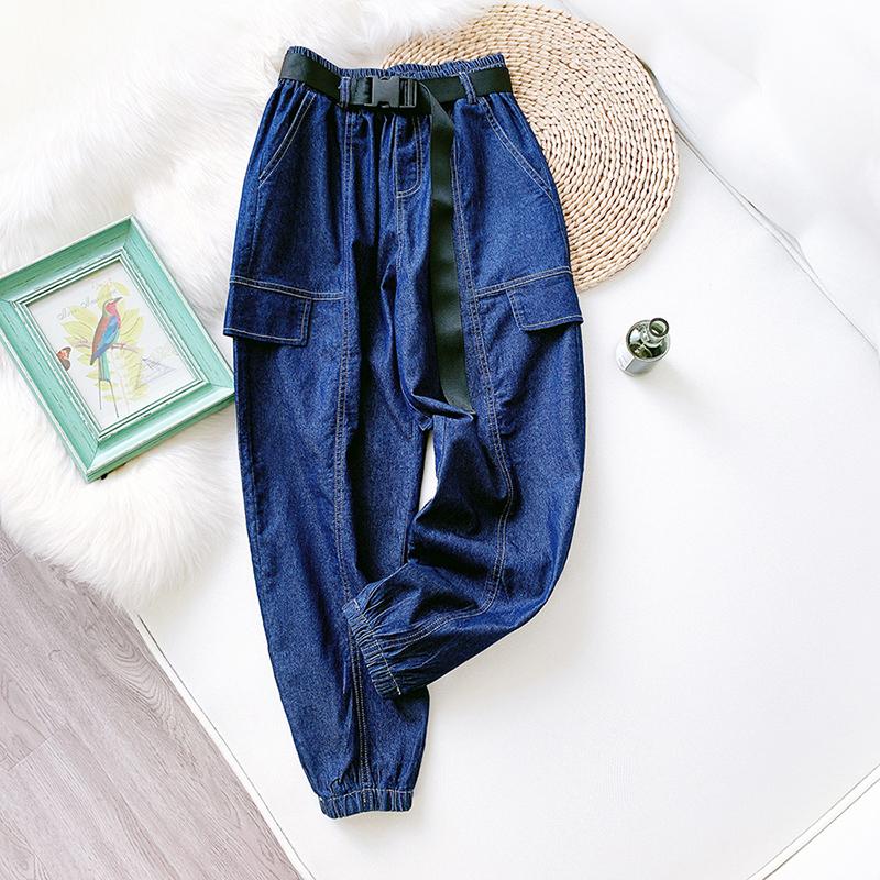 

Spring Autumn Women's Pants Korean Style Solid Color Loose High Waist Workwear Jeans New Casual Female Harem Pants GX602, Dark blue