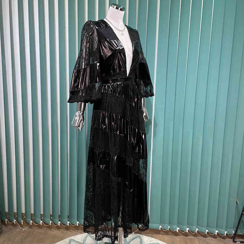 

Casual Dresses Station Elegant European Socialite High-Grade Deep V-neck Sexy Long Skirt Splicing Lace Patent Leather Dress for Women Autumn JUJJ, Black