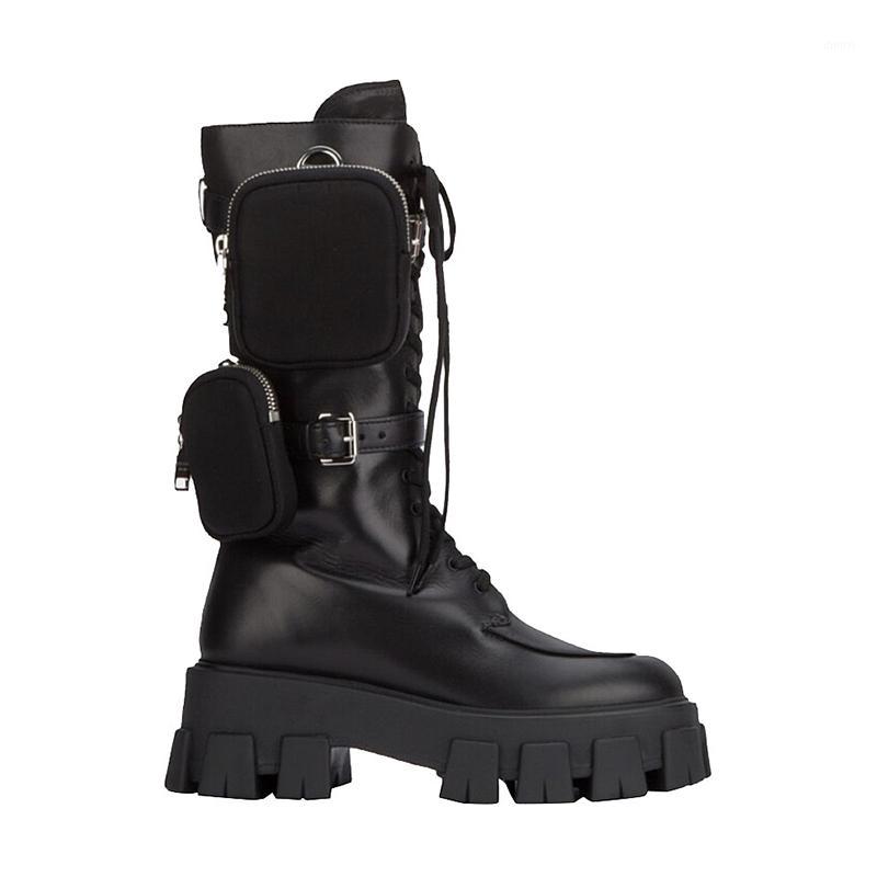 

Black Platform Lace Up Knight Boots Women Pocket Design Mid Boots Women 2019 Winter Fashion Chic INS Style1, Black plush lining