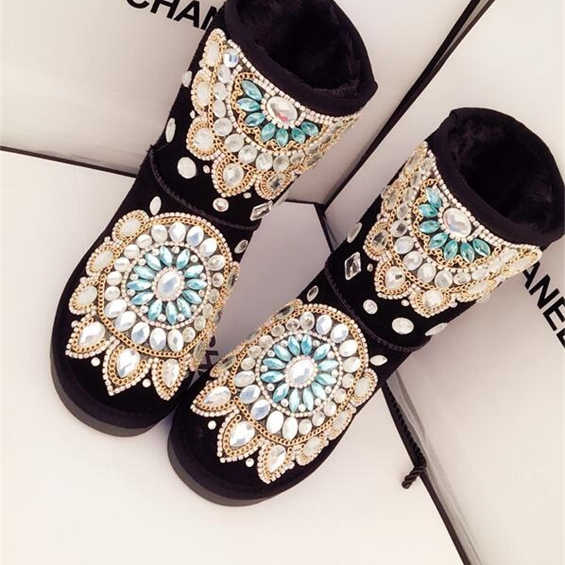 

2020 Handmade Pebbles New Thick Gems Not-slip Hot Snow on Tube Women's Leather Cotton Boots Xg7a, Black
