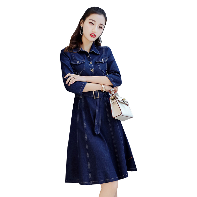 

2021 New Women's Denim Korean Spring Autumn 3/4 Sleeve Mid-length Lady Elegant A-line Jeans Vestidos Feminine Y330 3t4t, Blue