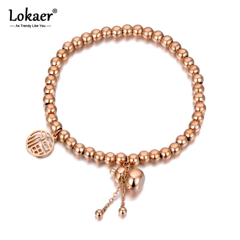 

Lokaer Ethnic Chinese Style Stainless Steel Good Luck & Gourd Charm Bracelets For Women Rose Gold Beaded Bracelet Jewelry B20138