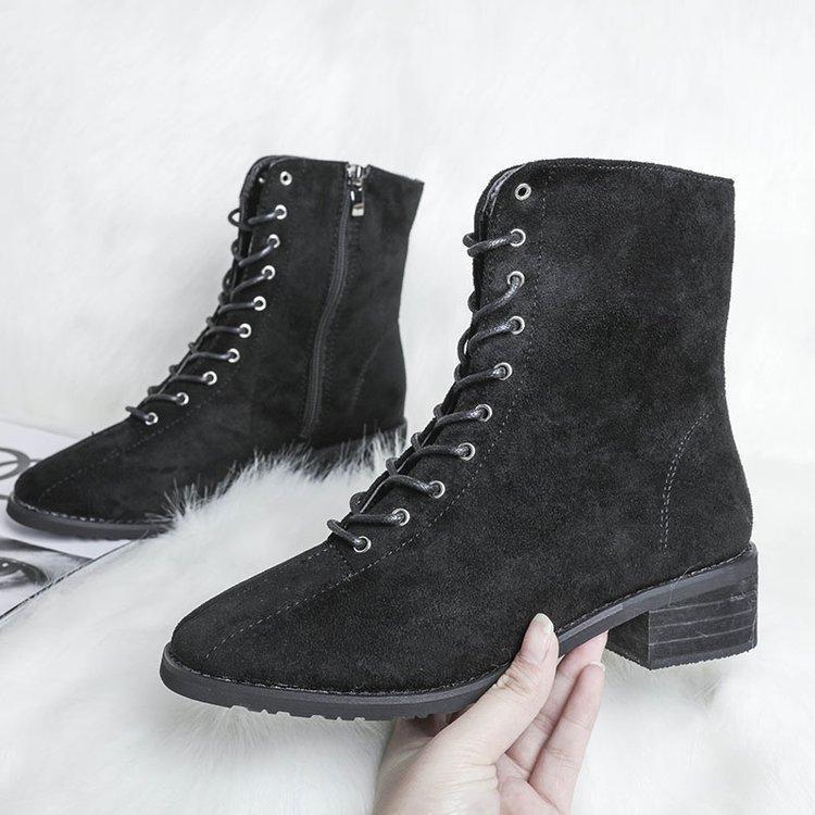 

Ankle Round Toe Med Women Boots Fashion Solid Punk Motorcycle Casual Lace Up Shoes1, Black