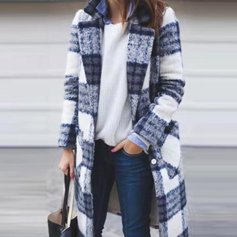 

Long Winter Coats Womens Lapel Winter Coat Plaid Woolen Coats Long Loose Wool Blends Overcoat Casual For, Blue