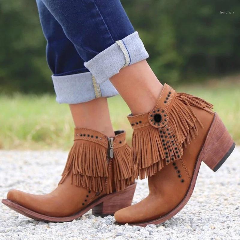 

Women's Retro Rivets Brown boots Ancient Custom Tassel Ankle Boots for Women Side Zip Bare Boot Casual Short Booties botas mujer1, Black