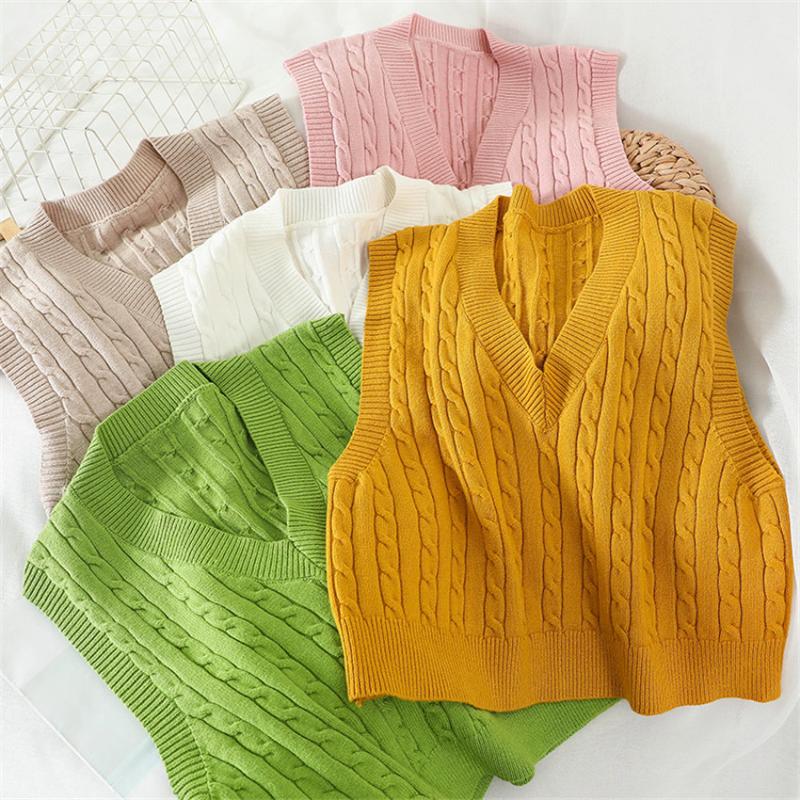 

Autumn Winter Sweater Vest Women Solid Knitted Vest Outwear Preppy Style Twist Knit Crop Top Pullover Sleeveless Waistcoat, Black