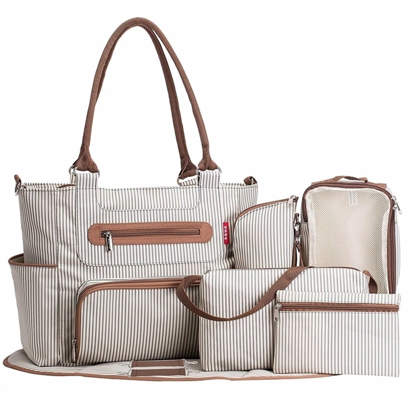 

Diaper bag 7 pieces set nappy tote bag large capacity for baby mom dad Travel Bag with Stroller Straps 201120, Khaki