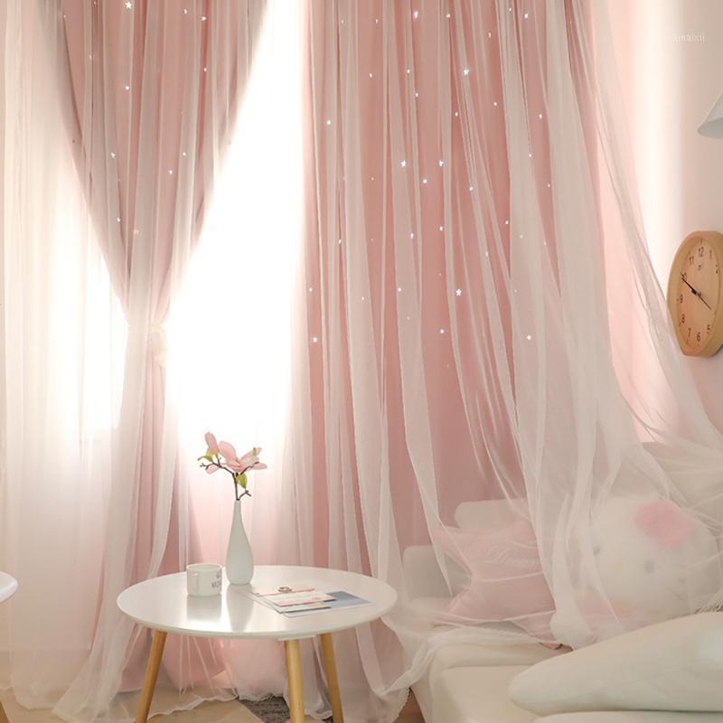

Double Layer Yarn Blackout Curtains with Small Star-shaped Holes Living Room Treatment Room Princess Girls Bedroom Window Drapes1, Gray