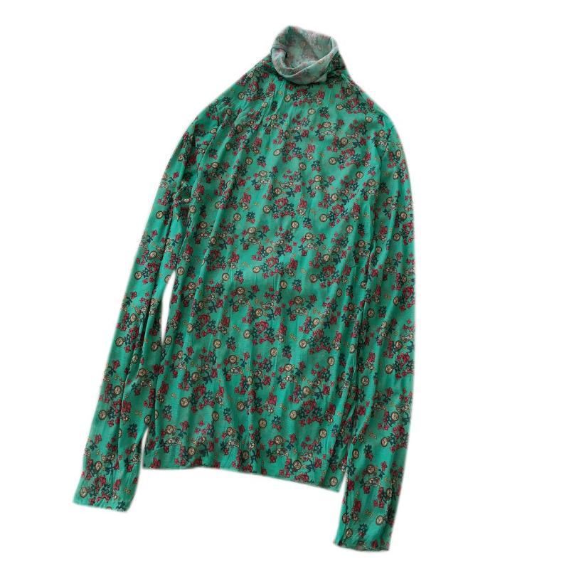 

Spring summer gauze shirts for girls sheer sexy turtle neck long sleeves women blouses floral printing, Black