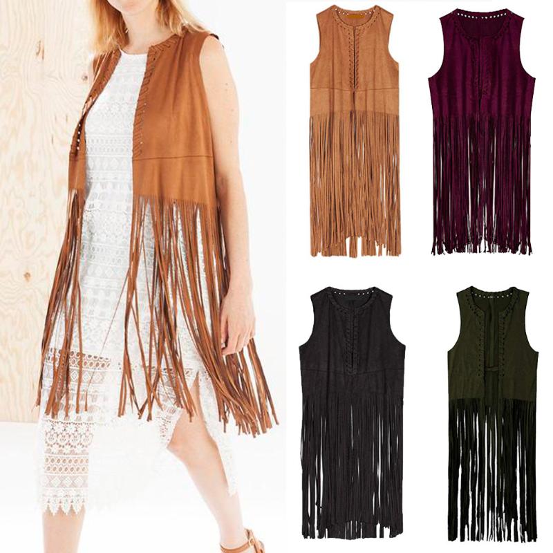 

Women Autumn Winter Suede Ethnic Sleeveless Tassels Fringed Vest Cardigan W802, Army green