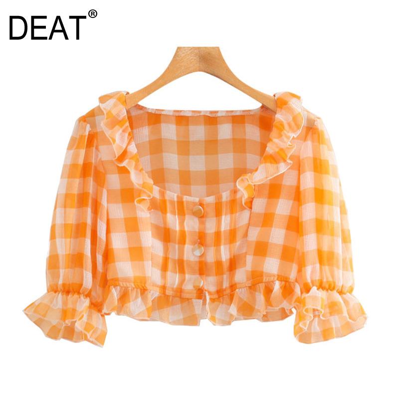 

DEAT] Women 2020 Sweet Fashion Ruffled Pleated Plaid Cropped Blouses Vintage Square Collar Short Sleeve Female Shirts 13T584, As picture