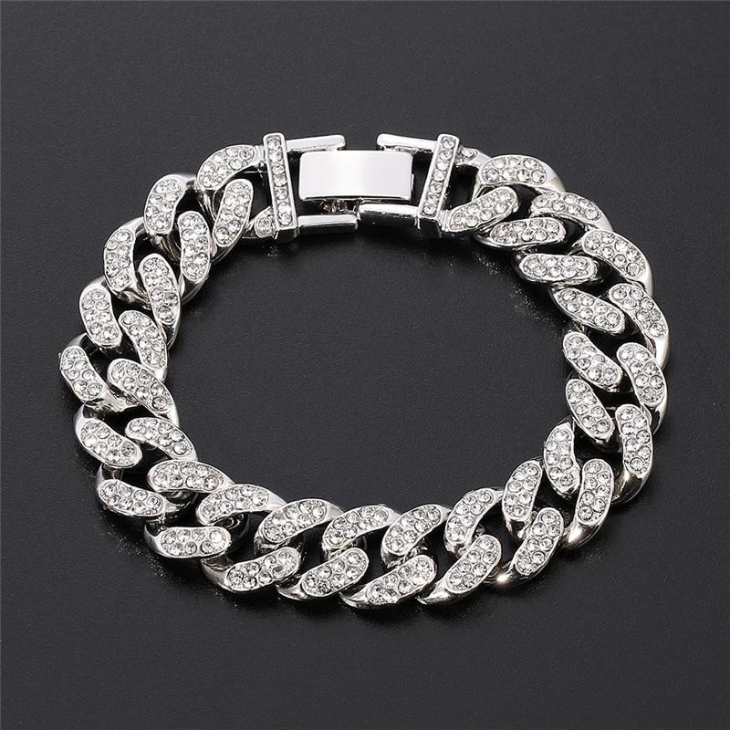

Punk Fashion Luxury 13mm Iced Out Cuban Link Chain Bracelet for Women Men Silver Color Bling Rhinestone Bracelet Jewelry