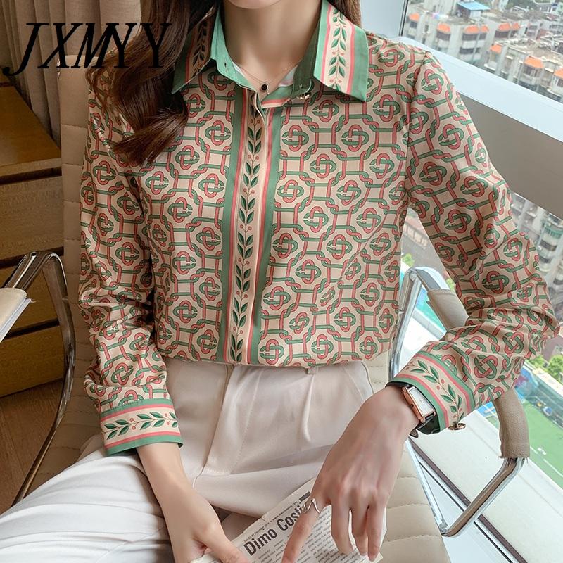 

Women' Blouses & Shirts JXMYY 2021 Spring And Autumn Fashion Products Temperament Exquisite Geometric Print Crepe De Chine Silk Shirt Women, Camel
