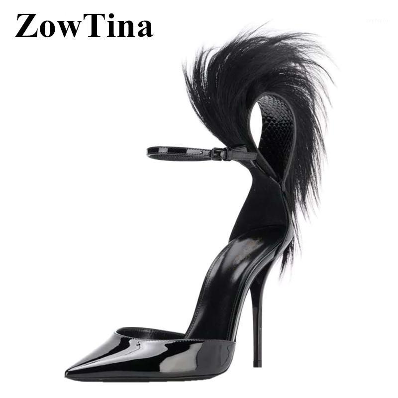 

Black Patent Leather Women Dress Pumps Ankle Strap High Heels Formal Party Shoes Feather Decor Zapatos Mujer Pointed Toe Sandals1, 10cm heels