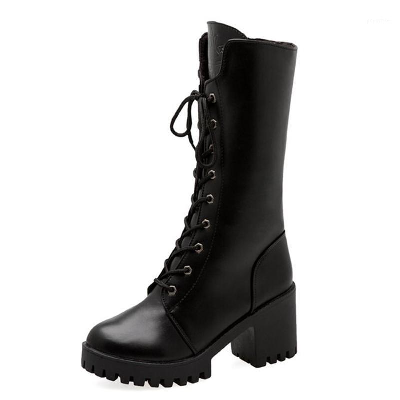 

Winter British Thick-Heeled Mid-Tube Boots Women's Boots Plus Velvet High-Heel Lace-Up Snow Short Women's Shoes1, Black