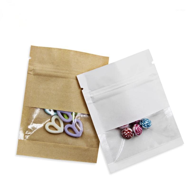 

Storage Bags 100Pcs Brown White Kraft Paper Bag With Clear Window Self Seal Tear Notch Reusable Reclosble Food Pack Pouches