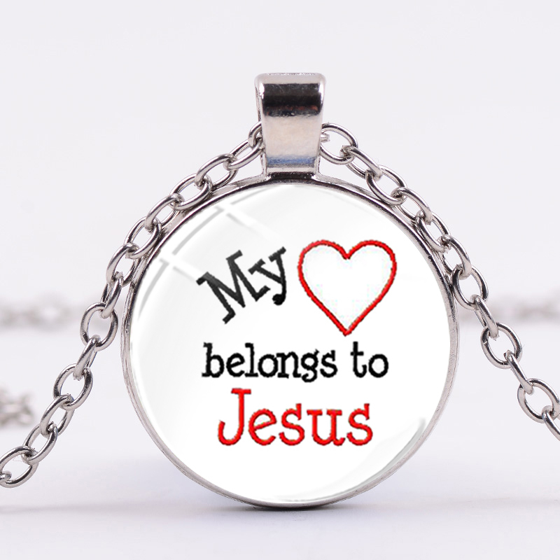 

New Arrival Jesus Necklace My Heart Belongs to Jesus Letter Printed Glass Crystal Pendant Statement Jewelry for Christian