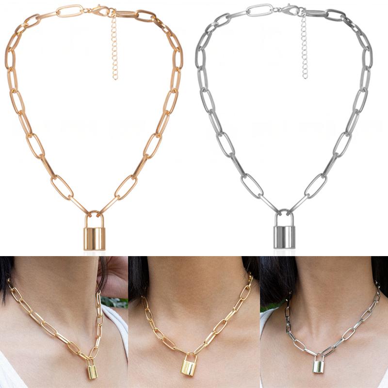 

2020 Vintage Square Lock Pendant Necklaces Punk Hiphop Rock Padlock Women Men Necklace Gold Silver Color Chain Friendship Gifts