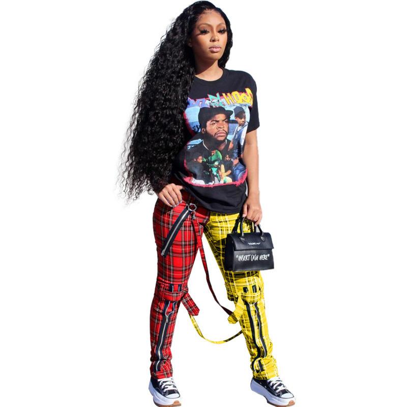 

Women Pants Designer Clothes 2021 Plaid Belt Leggings Casual New Autumn Spring Lattice Zipper Strap Decoration Trousers 2020, Yellow