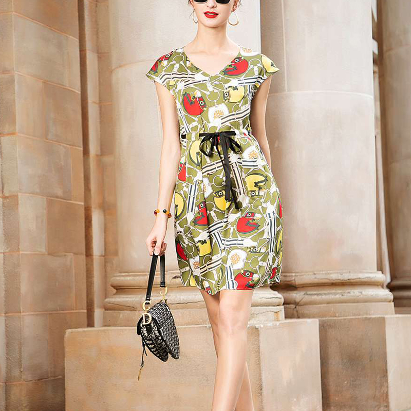 

Vintage Sexy V-neck Print Belt Fine Fit Elegant Sleeveless Temperament Up by Women' New High Quality Summer 26v0, Multiple