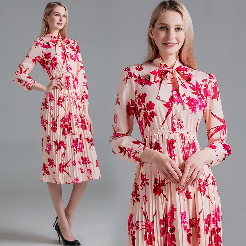 

2021 New Women's Print Pleated Chiffon Spring Autumn Female Casual Long Sleeve Lace-up Bow Neck Elastic Waist Office Es Wfl2, As picture