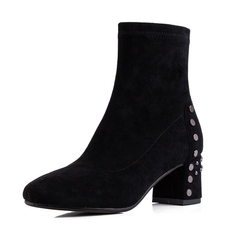 

Stretch Cloth Ankle Boots Women Autumn Winter High Thick Heel Shoes Lady G248 Fashion Woman Black Apricot Square Toe Rivets Boot, Black pu inside