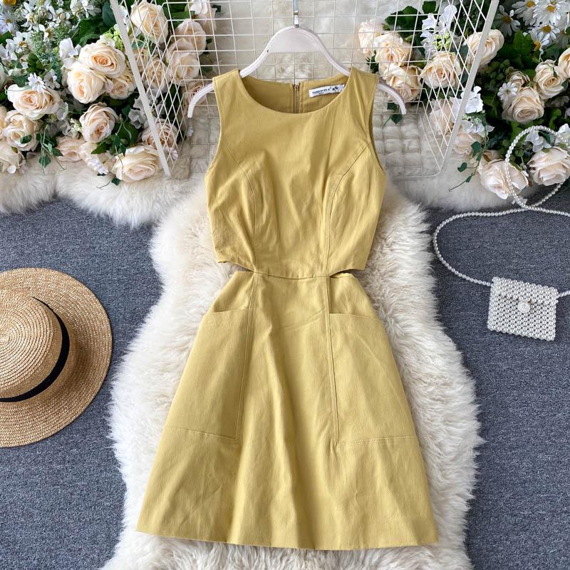 

Summer Women' Dress Korean Style Solid Color Round Neck Hollow Sleeveless Dress New Waist Slim Short Female Dresses LL960, Yellow