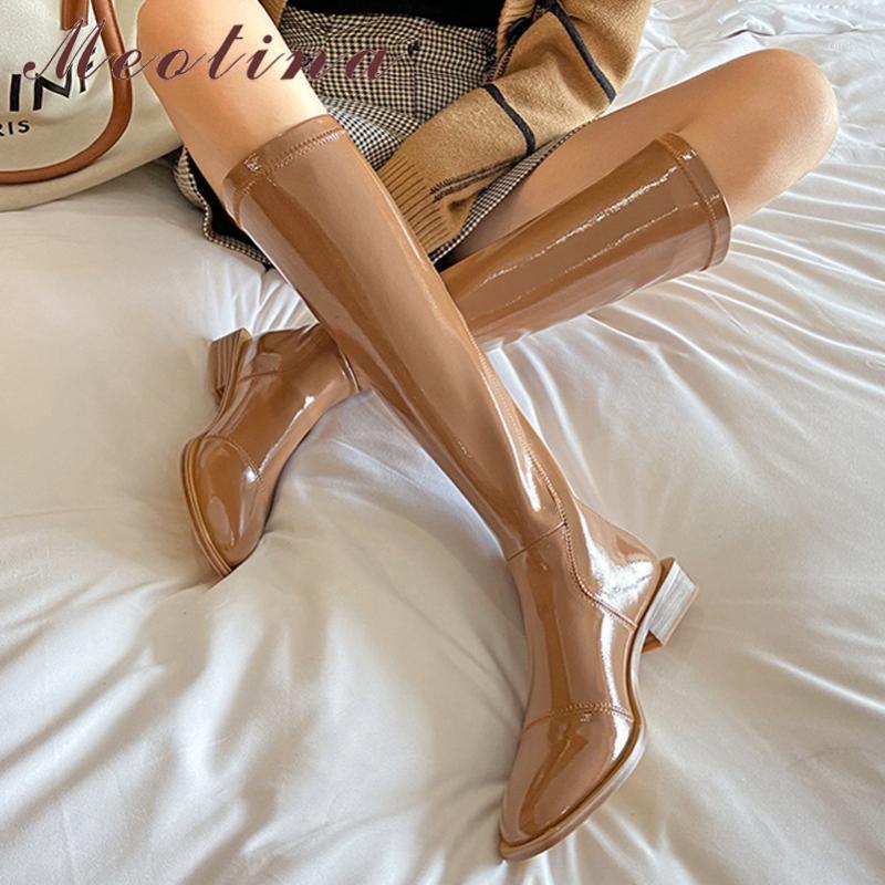 

Meotina Women Long Boots Shoes Round Toe Chunky Heels Knee High Boots Zipper Low Heel Stretch Lady Autumn Winter Beige 421, Black synthetic lin