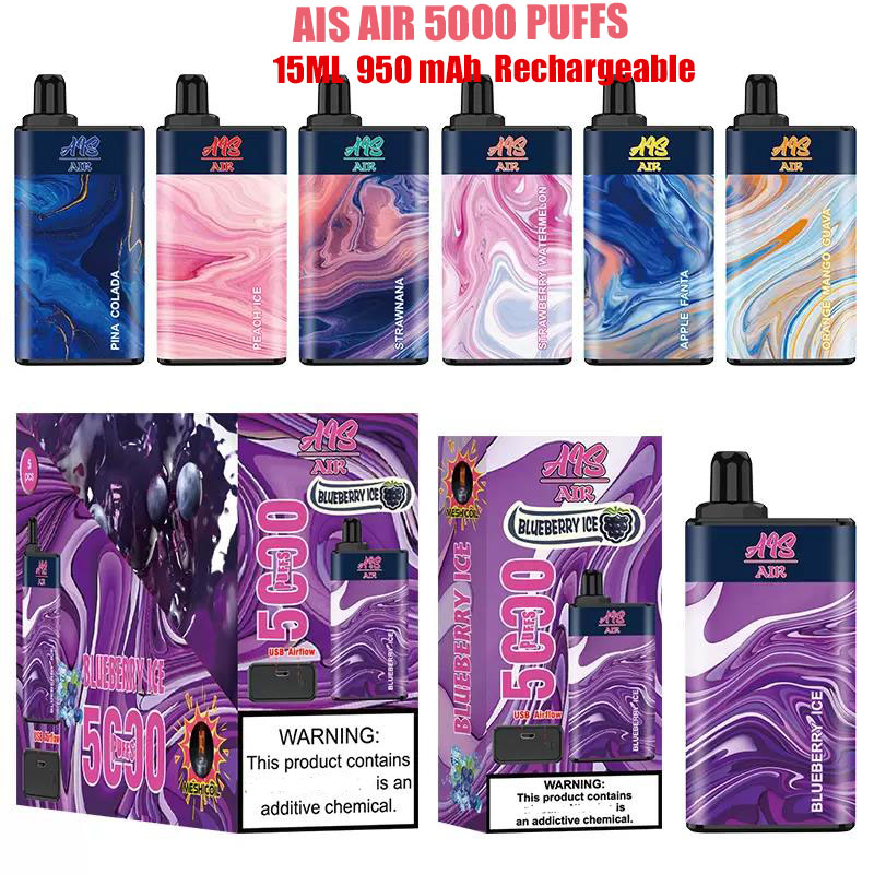 

AIS AIR 5000 Puffs Disposable Vape pen Cigarette Mesh Coil Vapor Airflow Electronic Rechargeable 15ML 950mAh Device e Cigs Original