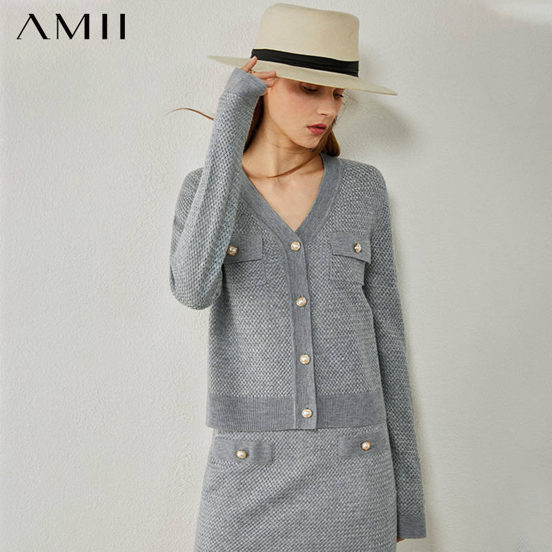 

AMII Minimalism Autumn Woman Suit Fashion Vneck Single-breasted Tweed Jacket High Waist Aline Women Skirt 12040763 201130, Black skirt
