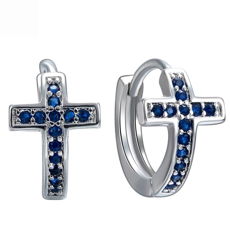 

Exquisite Sliver Color Women Hoop Earring Unique Cross Blue Crystal Fashion Party Anniversary Gifts Jewelry