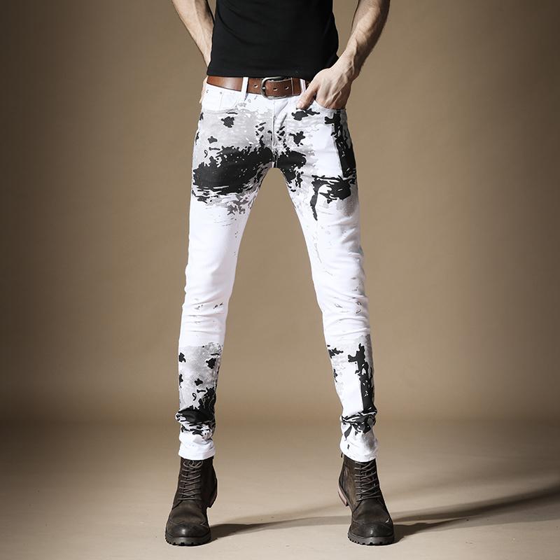 

Men Ink-Jet Printed White Jeans Fashion Straight Pants Slim Fit Hip Hop Streetwear Cotton Denim Trousers