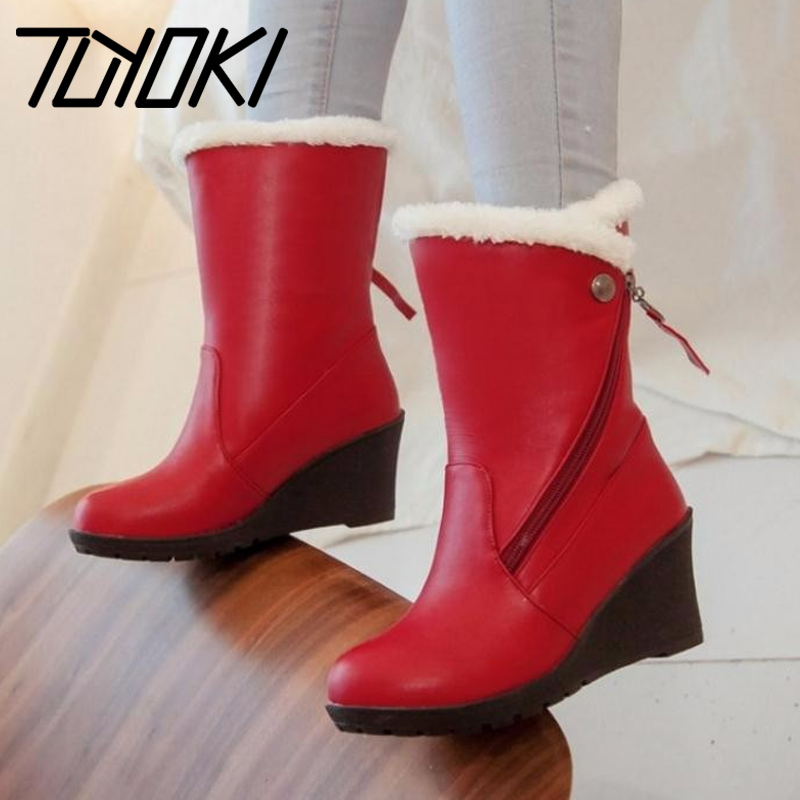 

Tuyoki Size 30-43 Woman Round Toe Wedge Mid Calf Boots Women Thickened Fur Winter Warm Half Snow Botas Shoes Footwear, Black