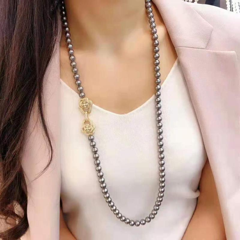 

New hand knotted 90cm long 8mm gray color shell pearl necklace sweater chain zircon accessories1