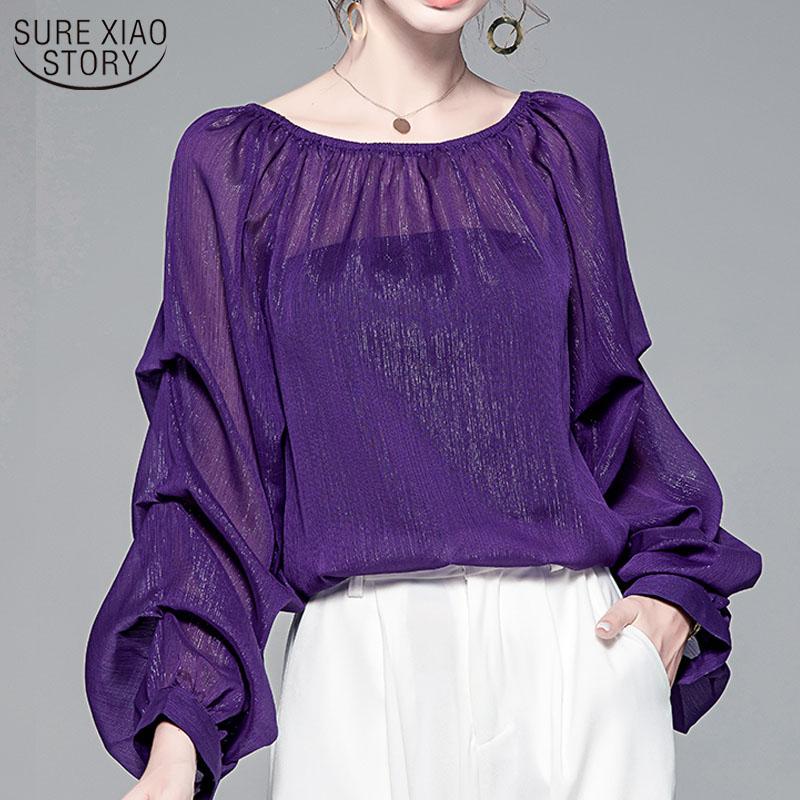 

2021 Autumn Fashion Chiffon Blouse Women Vintage Purple Loose Sexy Perspective Women Shirt Lantern Sleeve Top Female Blusa 11842