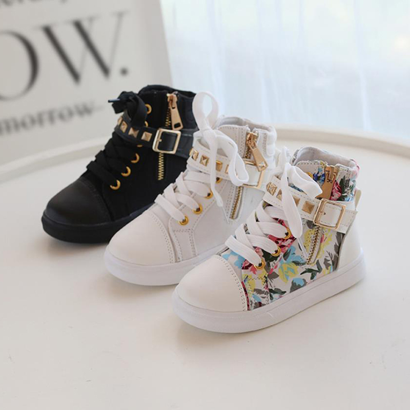 

Top Floral High Rivet Shoes Girls Kids Canvas Sneakers, Black