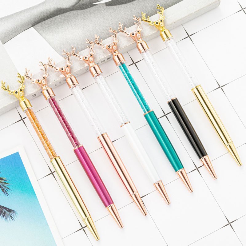 

New Creative Christmas Deer head Crystal Ballpoint Pen Metal Pen Writing Stationery Fashion School Office Supplies, As pic