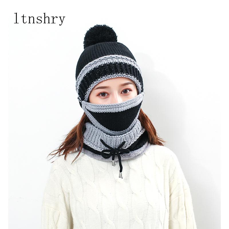 

Brand Winter autumn Knitted Hat for women Warm Mask Collar Triple Suit Skin Care Skullies Beanie Protection For Women Wool Cap