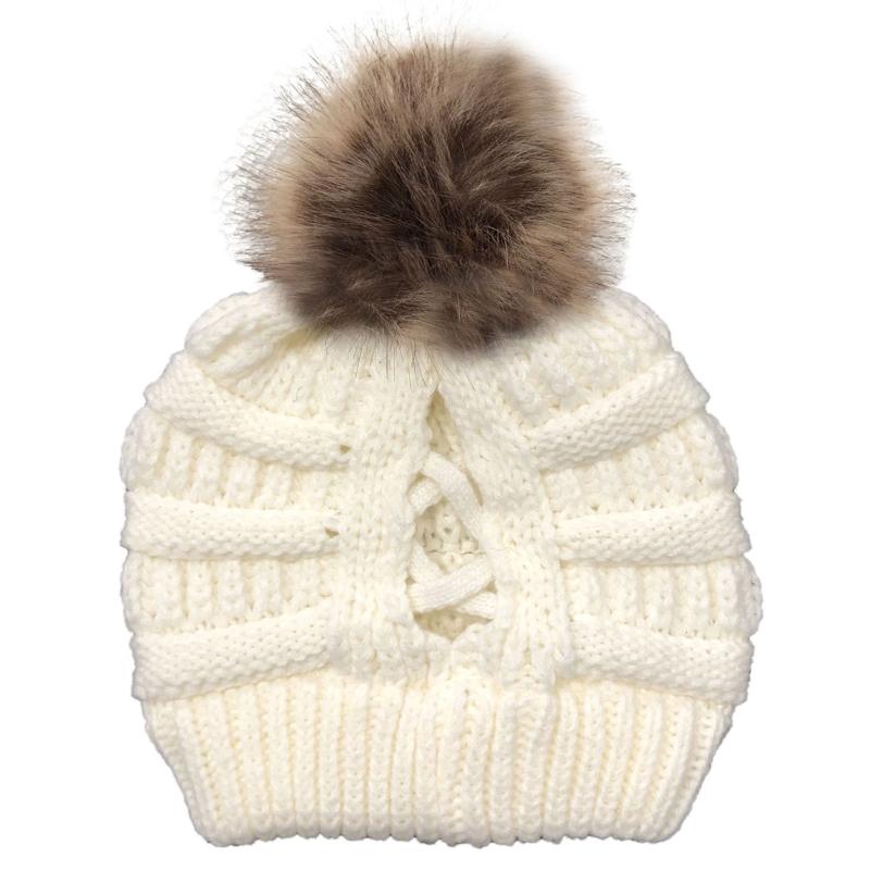 

Women Winter Knit Beanie Hat with Removable Pompom Crisscross Skull Cap C63F