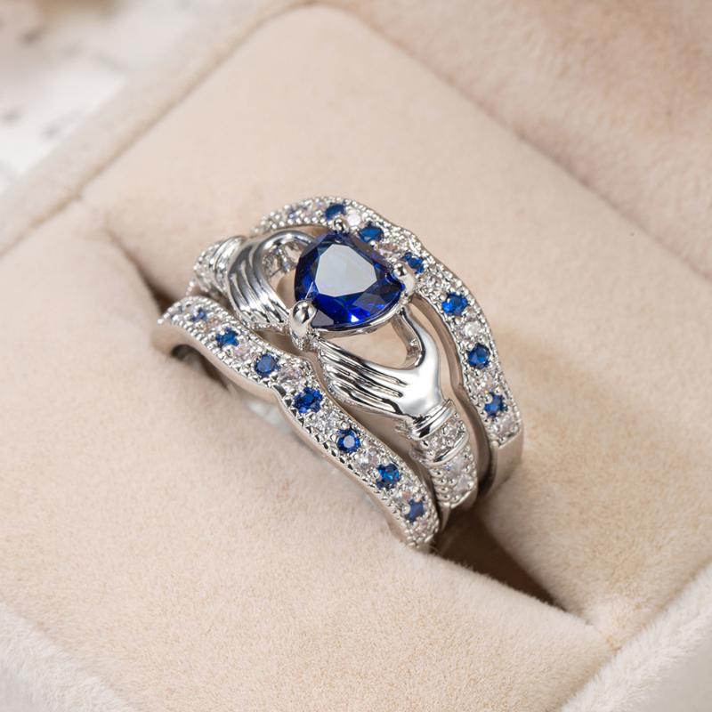 

Blue CZ Stone Engagement Ring Party Gift Dropship Bridal Love Heart Promise 3 Piece Set Wedding band statement rings for Women