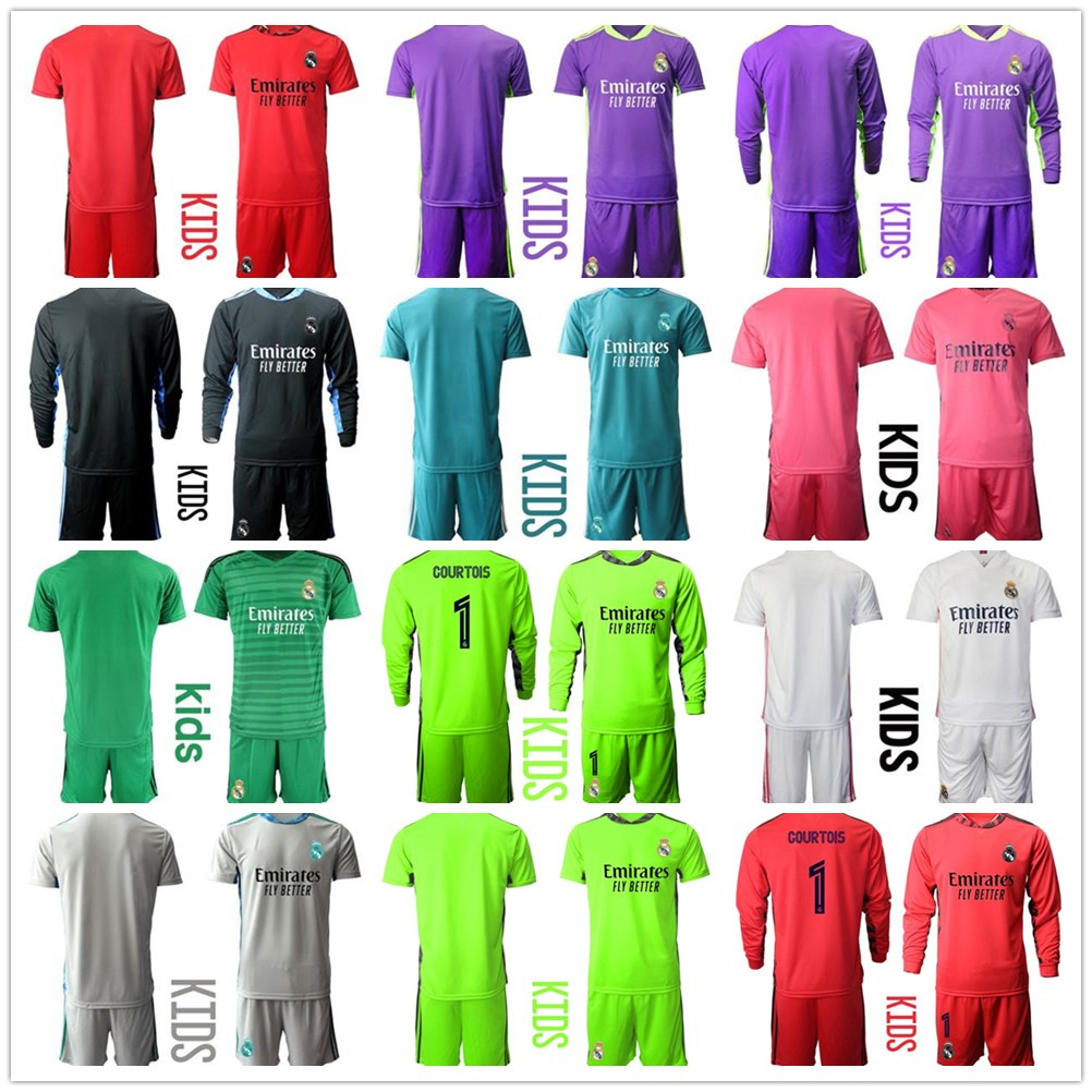

kids kit 20 21 Long Sleeve Boy Youth Courtois Soccer Set Goalkeeper Kit Blue #1 Courtois Goalkeeper Children lker Casillas Jersey, Colour 15