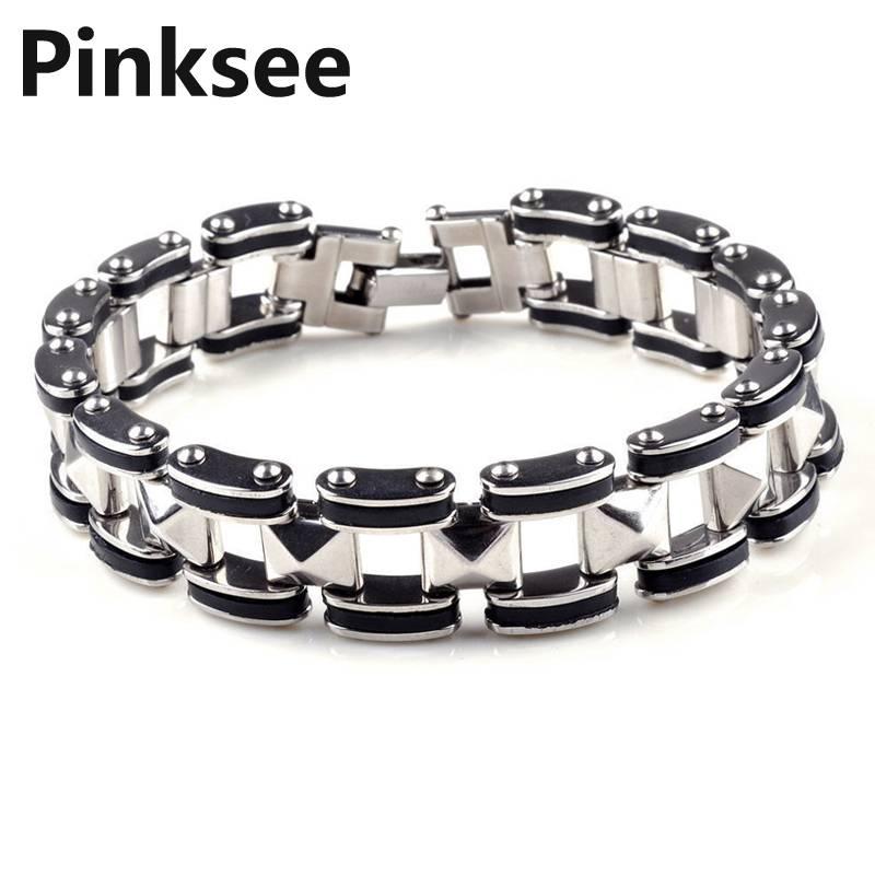 

Gothic Mens Stainless Steel Bracelet 8.5" Quality Link Black Rubber Bangle Cuff For men Jewelry Gift Wholesale