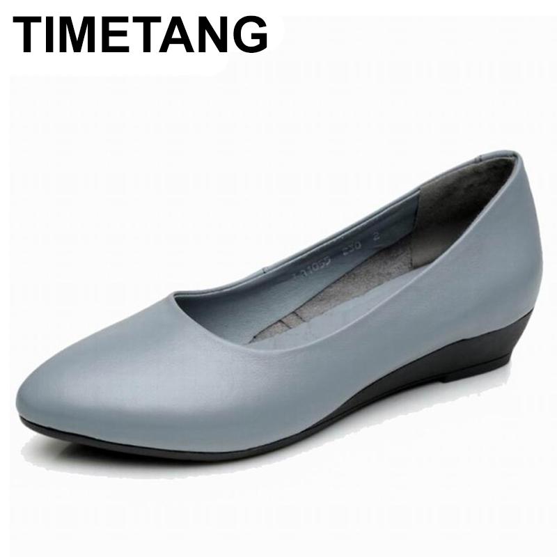 

TIMETANG Women's Genuine Leather Low Heels Shoes Slip On Classic Black&White wedges Shoes for Office Ladies Woman