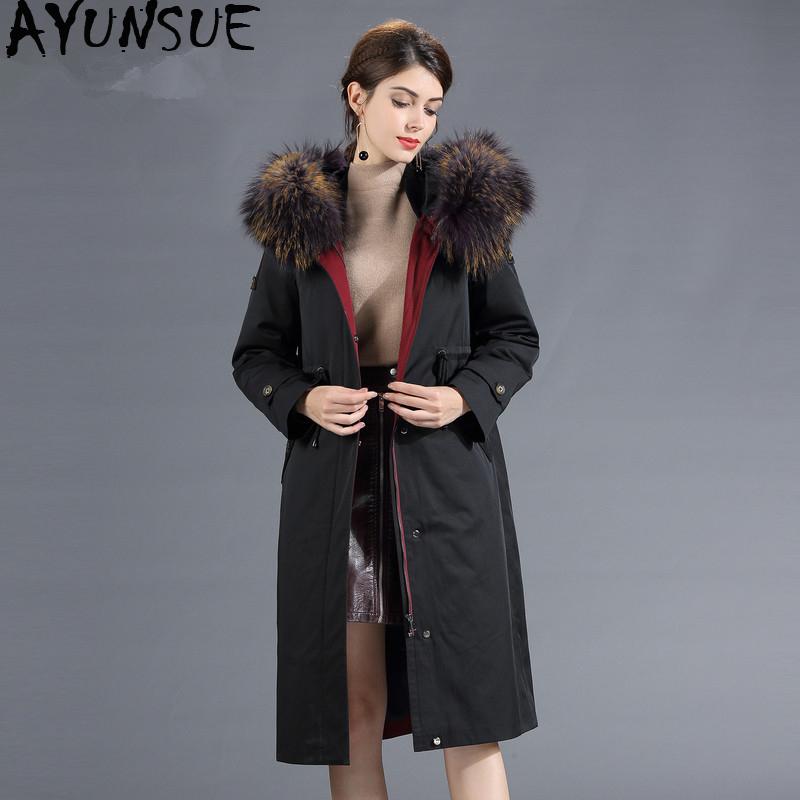 

AYUNSUE Women's Down Jacket Winter Jacket Women Raccoon Dog Fur Collar Korean Jackes Long Coat Female Parka Chaqueta Mujer, Red