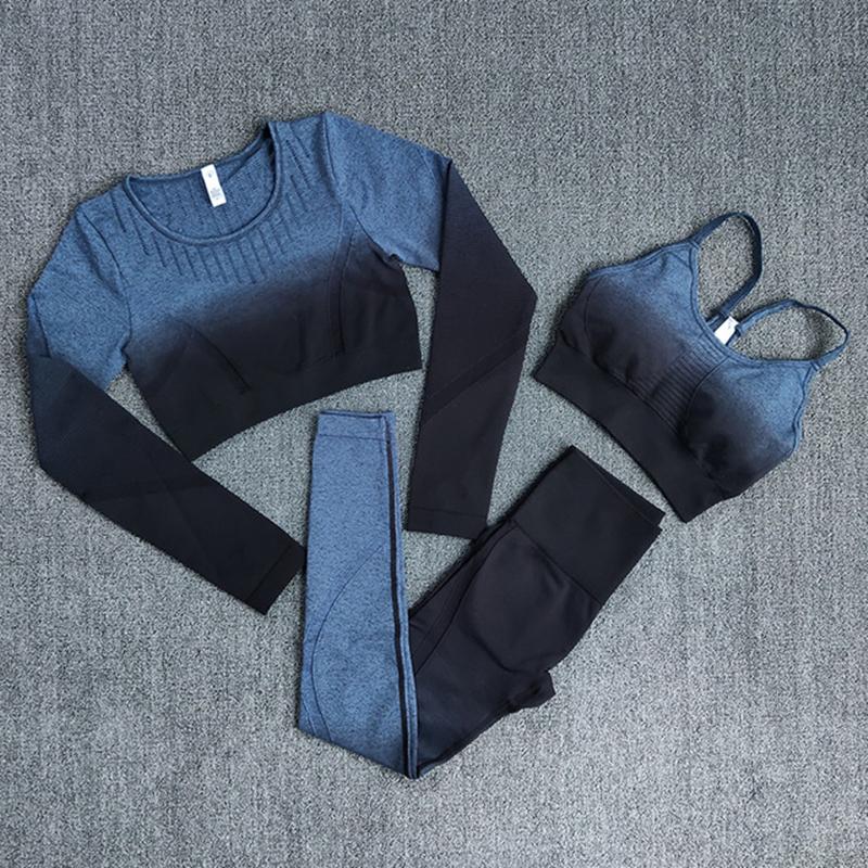 

3pcs Gradient Seamless Sport Sets Women Female High Waist Yoga Leggings Set Workout Active Outfit Fitness Gym Wear Yoga Suit Set, Blue leggings