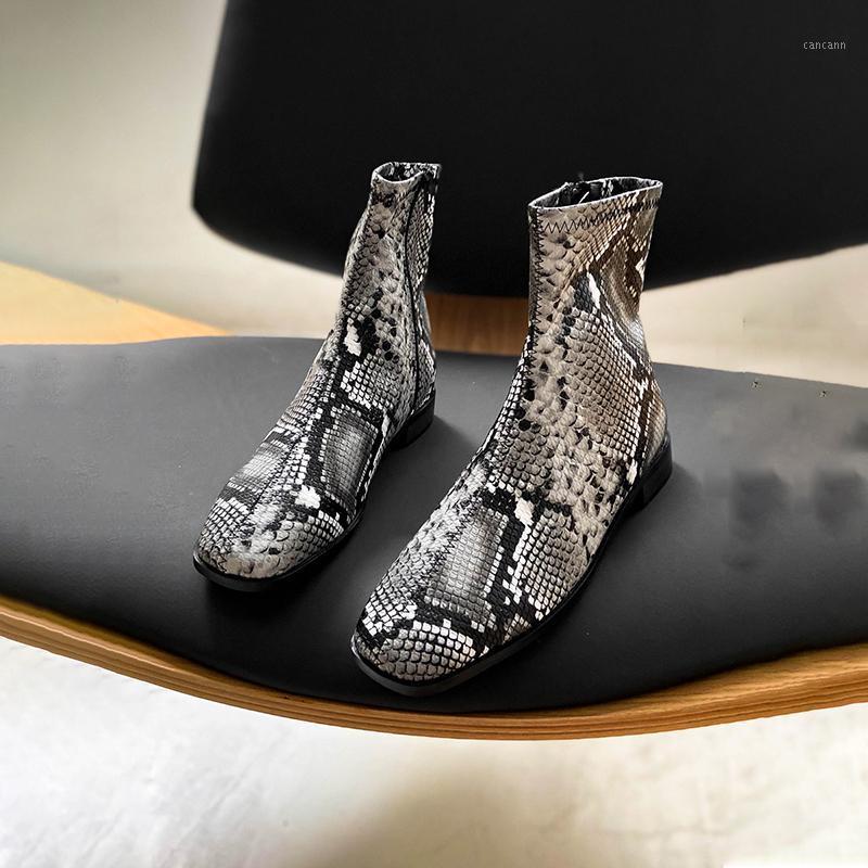 

DEAT 2020 New Spring Autumn Fashion Casual Solid Color Flat Bottomed Square Head Snake Pattern Single Short Boots Women SF8141, Black