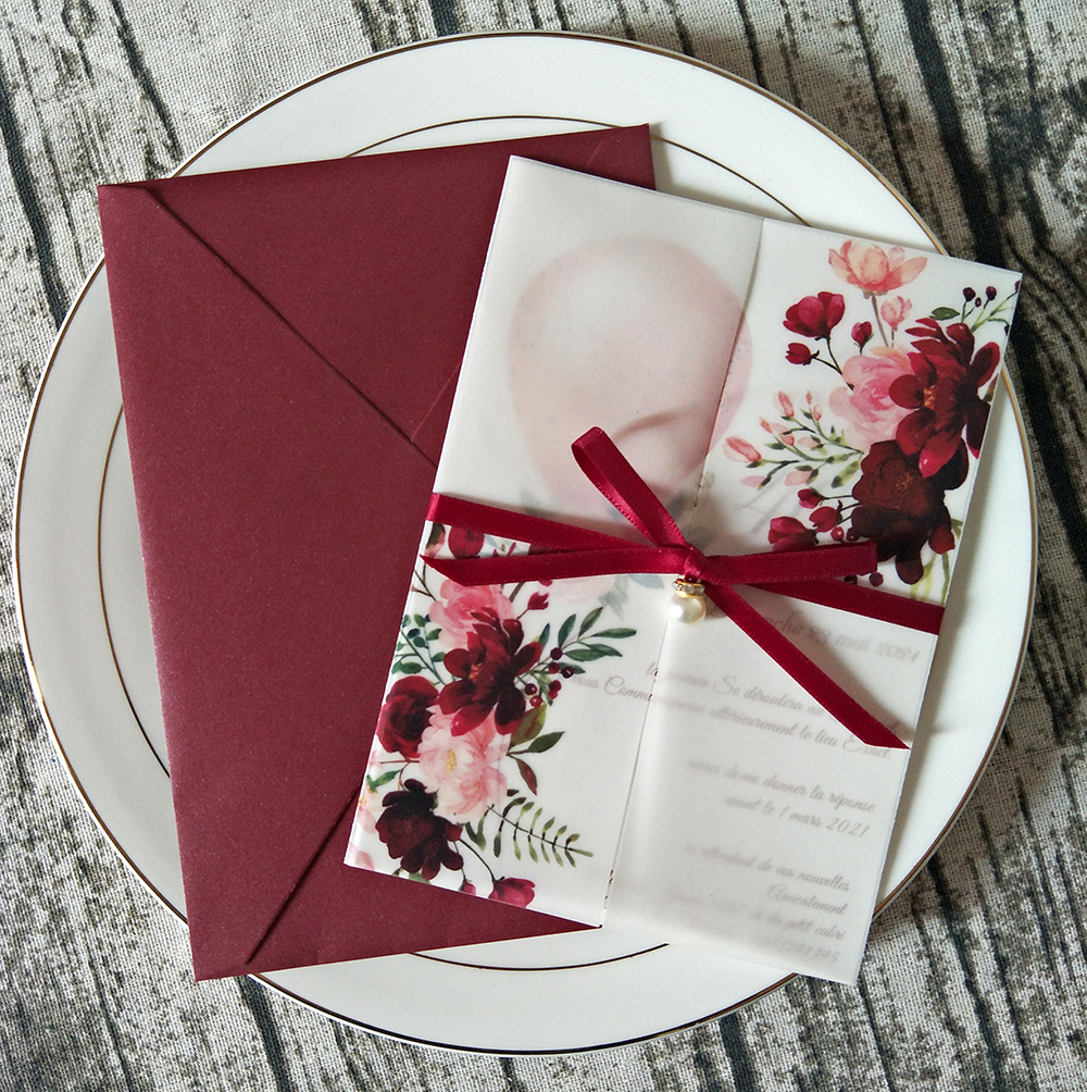 

New Burgundy Personalized Print Translucent Wedding Invitation with Rhinestone Ribbon and Pearl Envelope DIY Vellum Wrap Quinceanera Cards, Vellum paper