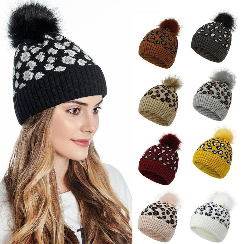

Beanie/Skull Caps Wool Print Women Natural Fur Leopard Pom Poms Fashion Hat Beanie Cap Female Knit Winter Pompom Gifts For Ladies K9M3