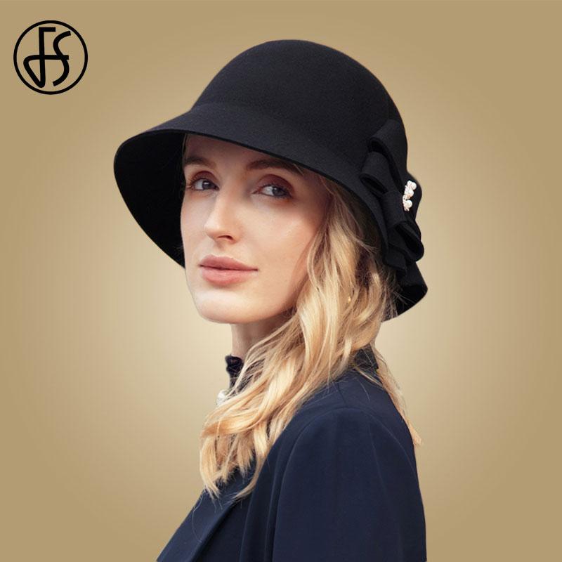 

FS Vintage Black Fedora Hats For Women Wide Brim Winter Ladies 100% Wool Hats Flower Pearls Felt Cloche Hat Fedoras